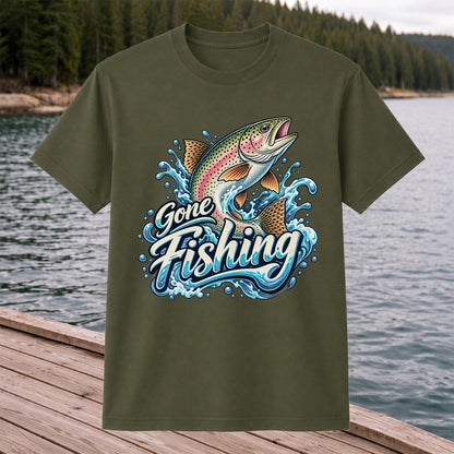 Gone Fishing Jumping Rainbow Trout Splash Graphic T-Shirt