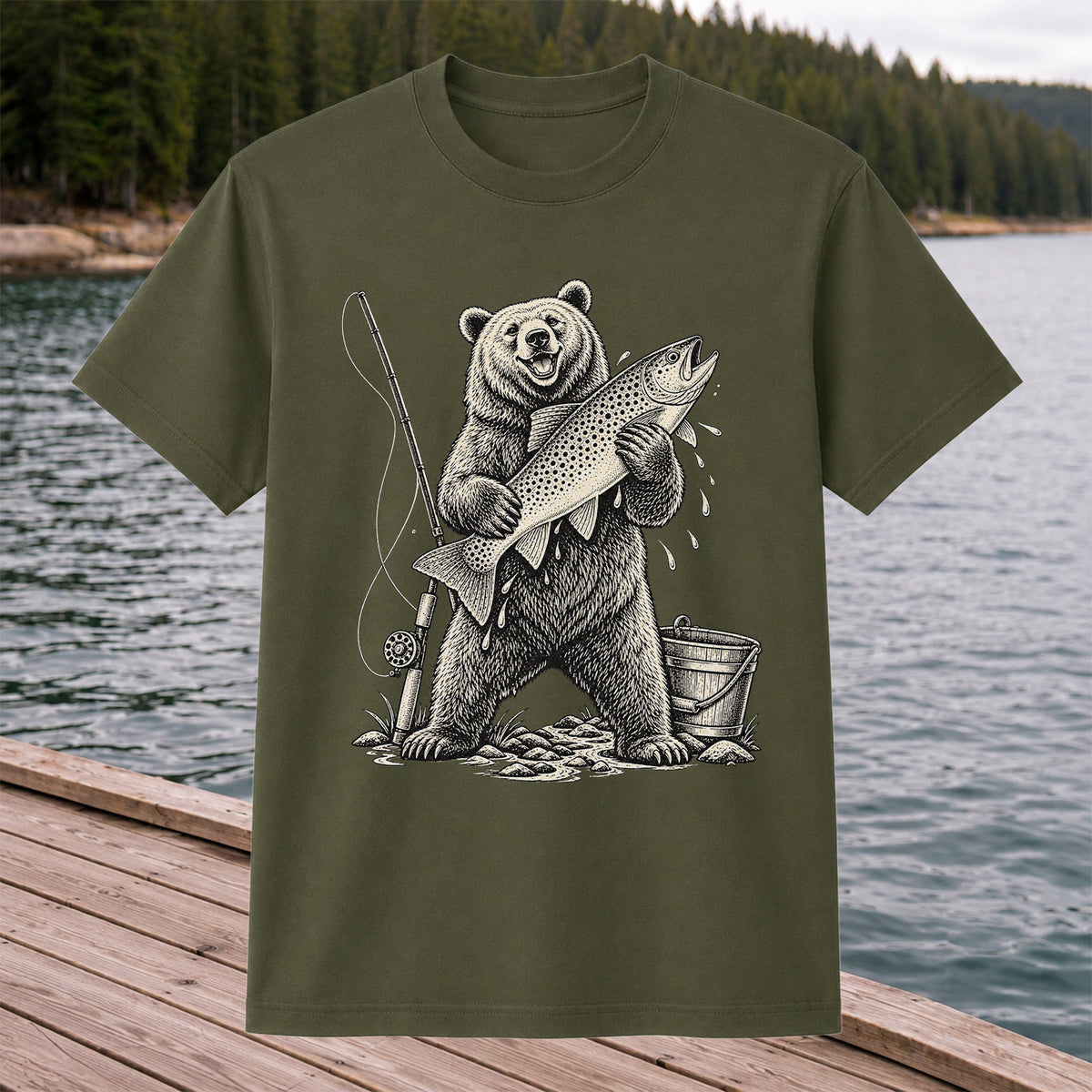 Bear Holding Trout Fishing Graphic T-Shirt