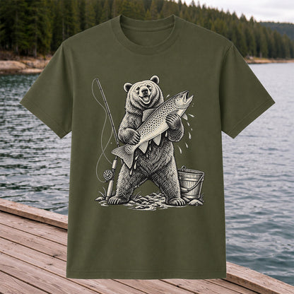 Bear Holding Trout Fishing Graphic T-Shirt