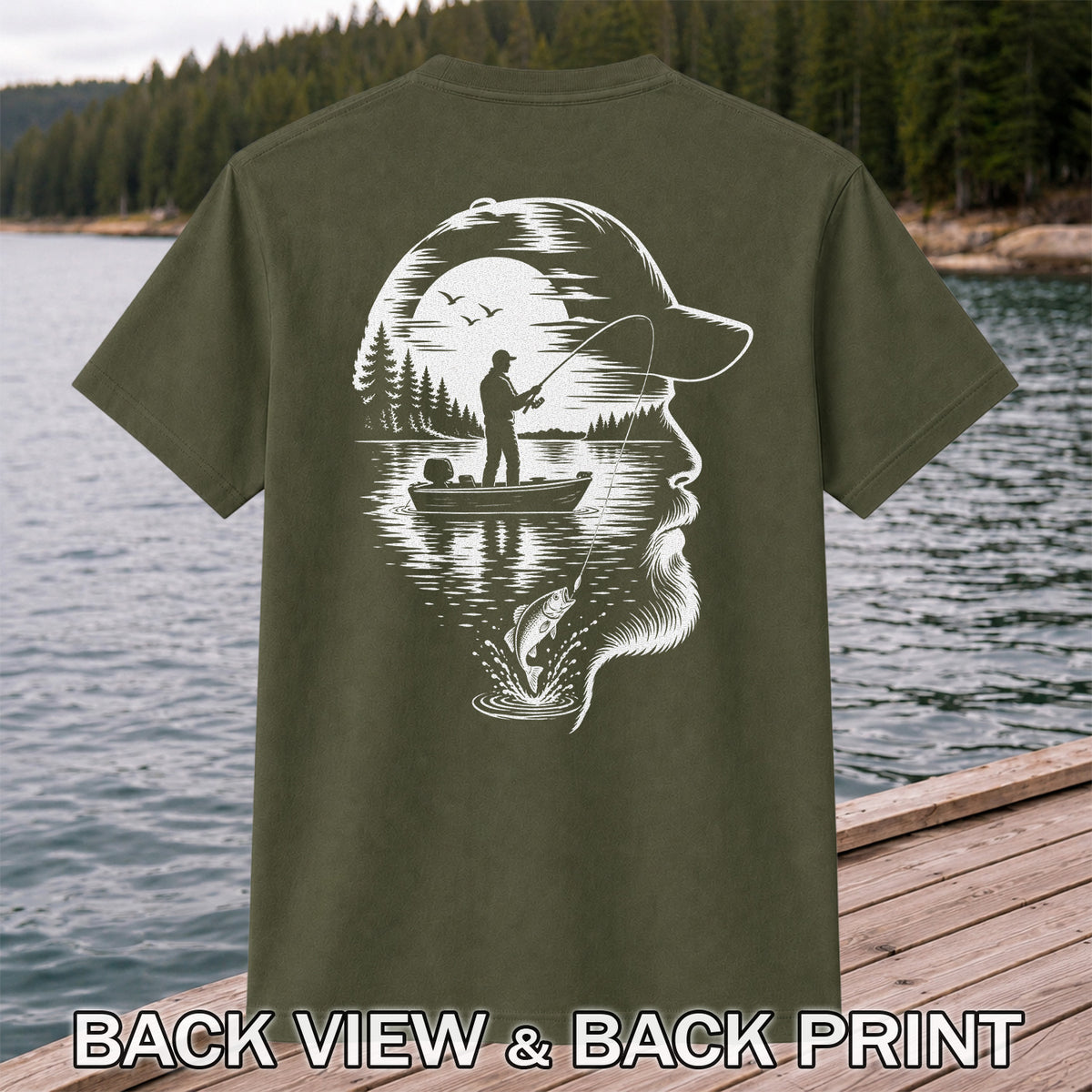 Bearded Angler Silhouette with Lake Fishing Scene Graphic T-Shirt | Back Print