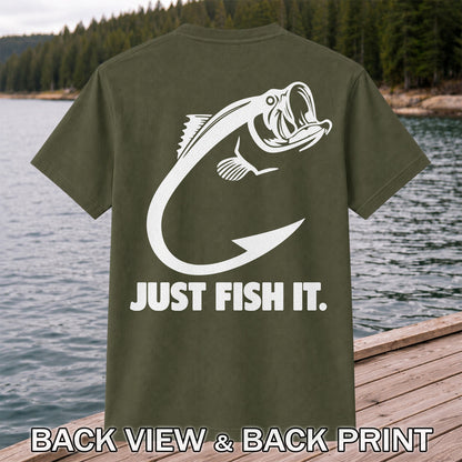Just Fish It Bass and Fishing Hook Graphic T-Shirt | Back Print
