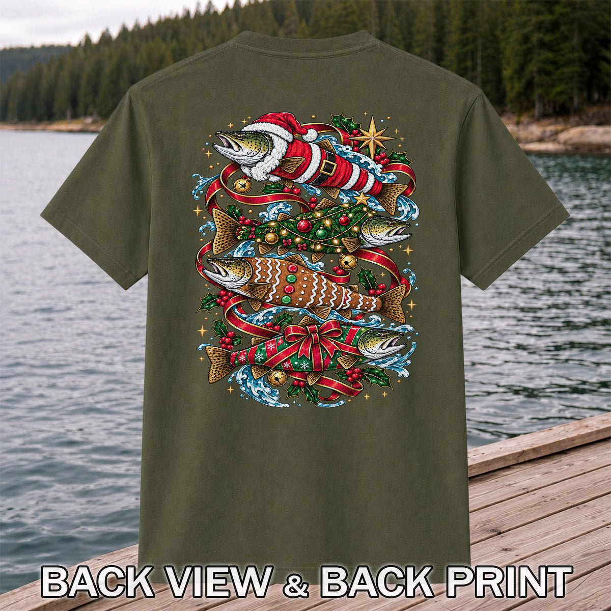 Santa and Gingerbread Trout Christmas Fishing Graphic T-Shirt | Back Print