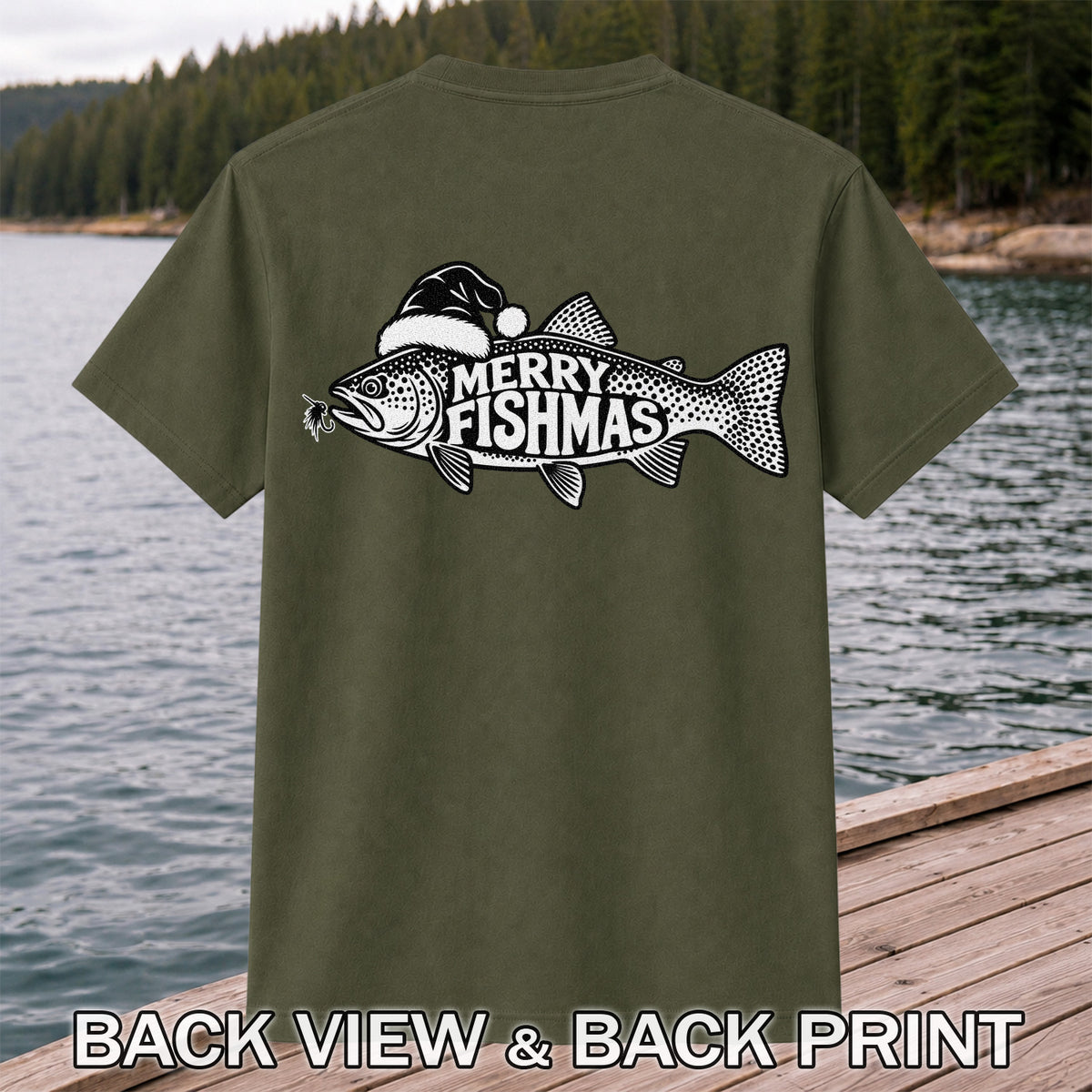 Merry Fishmas Black and White Trout Christmas Fishing T-Shirt | Back Print