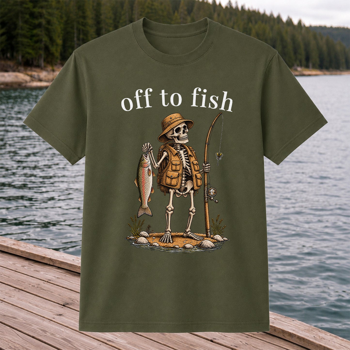 Off to Fish Skeleton Angler Funny Fishing T-Shirt