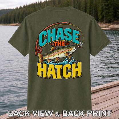 Chase the Hatch Brown Trout Fly Fishing T-Shirt | Back Print