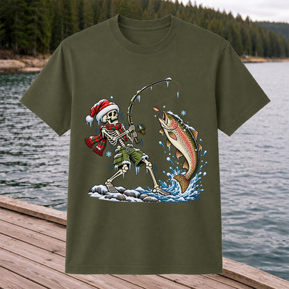 Christmas Skeleton Angler Catching a Rainbow Trout Fishing T-Shirt