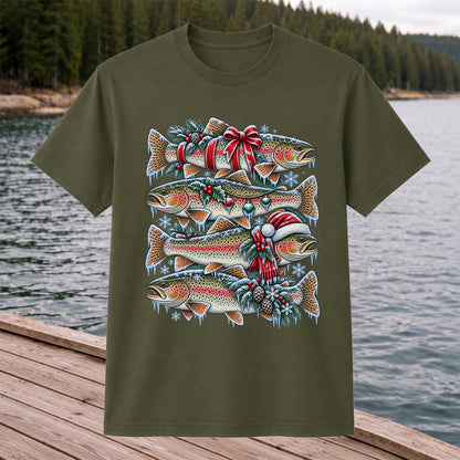 Festive Rainbow Trout Christmas Fishing Graphic T-Shirt