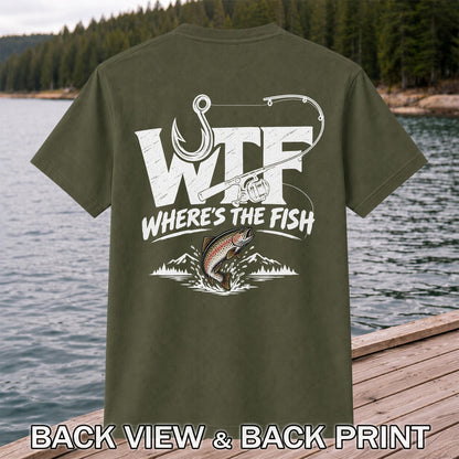 WTF Where's the Fish Jumping Trout and Fishing Rod T-Shirt | Back Print