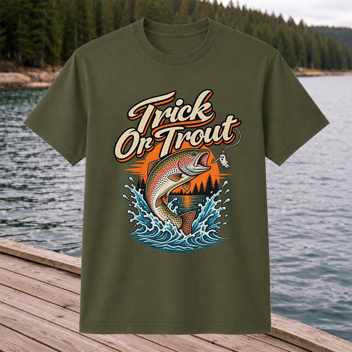 Trick or Trout Rainbow Trout Halloween Fishing T-Shirt