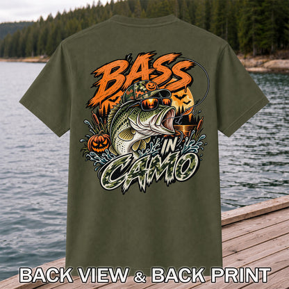Bass in Camo Halloween Pumpkin Bass Fishing Graphic T-Shirt | Back Print