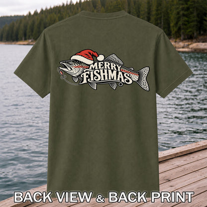 Merry Fishmas Rainbow Trout with Red Santa Hat and Lure Fishing T-Shirt | Back Print