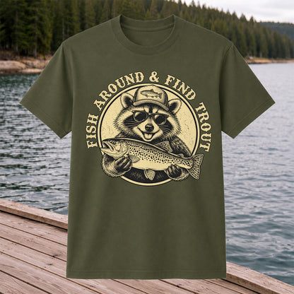 Fish Around & Find Trout Funny Raccoon Fishing T-Shirt