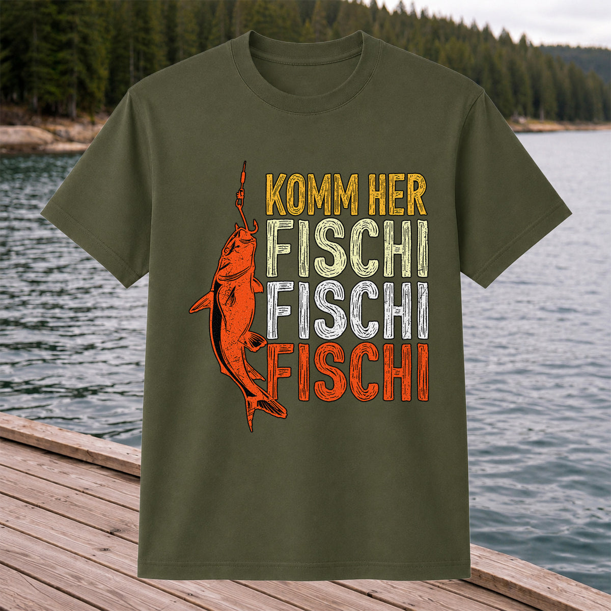 Komm Her Fischi Fischi Funny Catfish Fishing Graphic T-Shirt