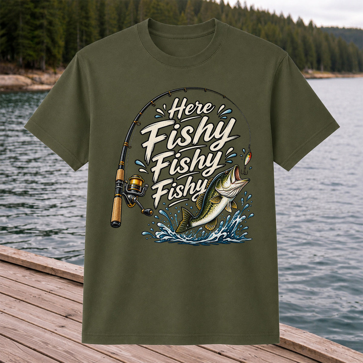 Here Fishy Fishy Fishy Funny Bass Fishing Graphic T-Shirt