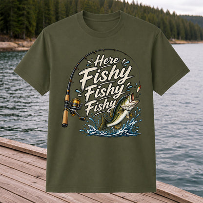 Here Fishy Fishy Fishy Funny Bass Fishing Graphic T-Shirt