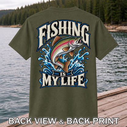 Fishing Is My Life Jumping Rainbow Trout Graphic T-Shirt | Back Print