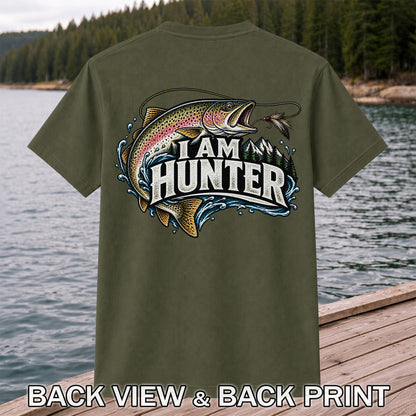 I Am Hunter Rainbow Trout Fly Fishing Mountain Graphic T-Shirt | Back Print