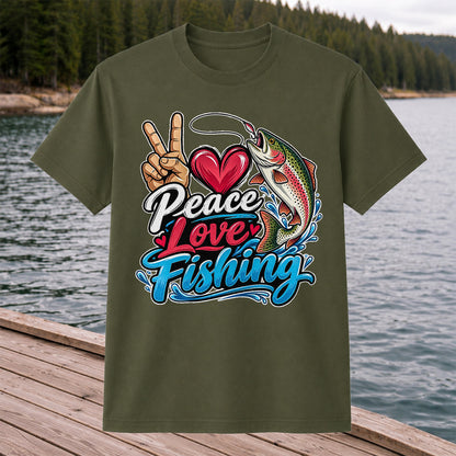 Peace Love Fishing Rainbow Trout and Heart Graphic T-Shirt