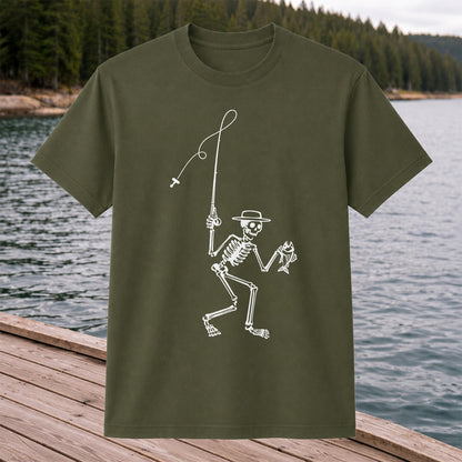 Skeleton Angler Holding a Fish Line Art Fishing T-Shirt