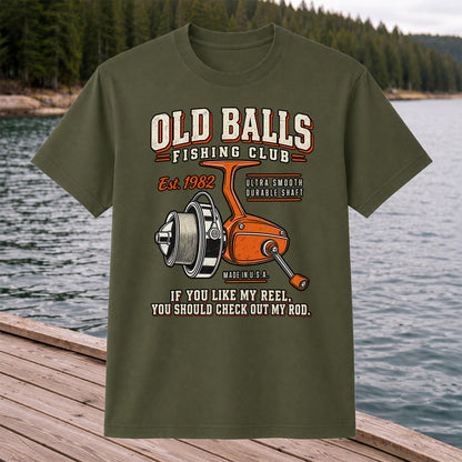 Old Balls Fishing Club Vintage Spinning Reel Graphic T-Shirt