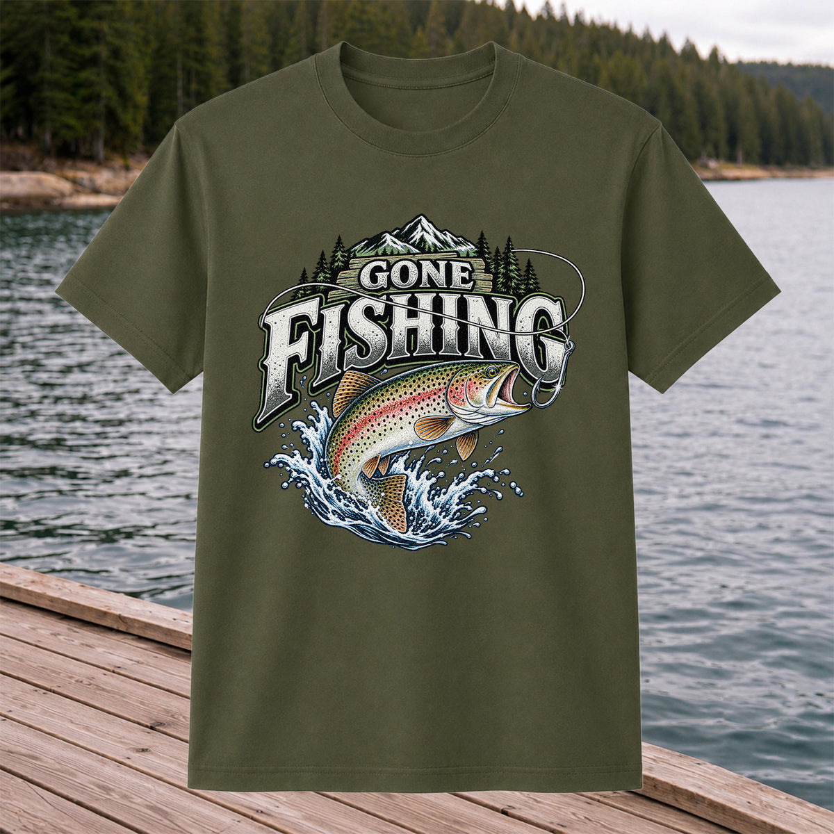 Gone Fishing Rainbow Trout and Mountains Graphic T-Shirt
