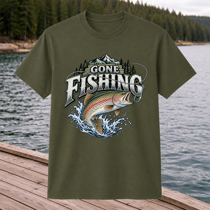 Gone Fishing Rainbow Trout and Mountains Graphic T-Shirt