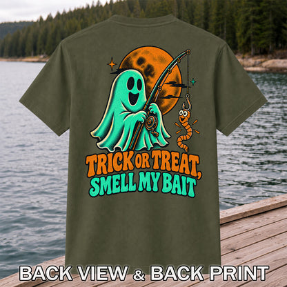 Trick or Treat, Smell My Bait Ghost Halloween Fishing T-Shirt | Back Print