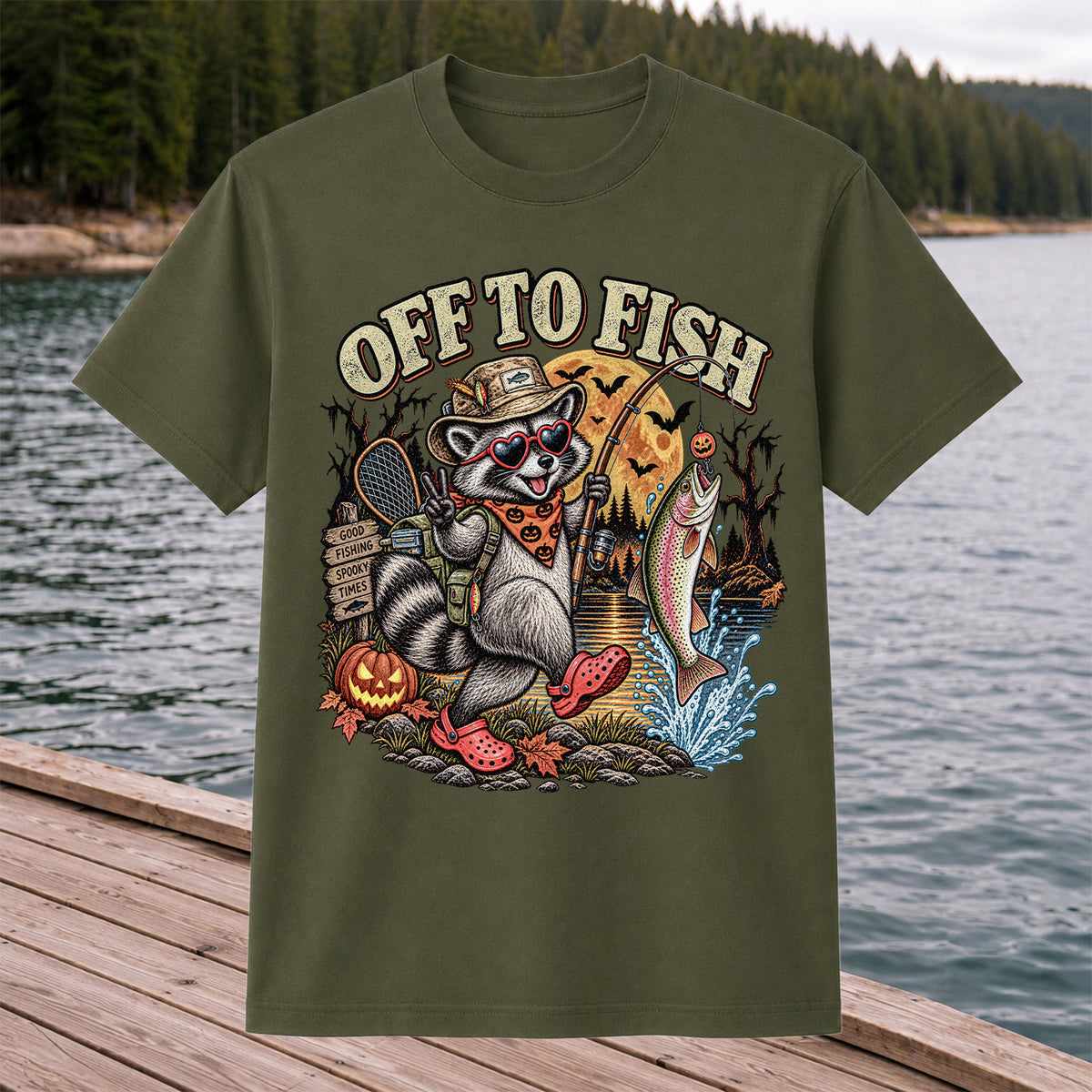 Off to Fish Raccoon and Trout Halloween T-Shirt - Good Fishing Spooky Times