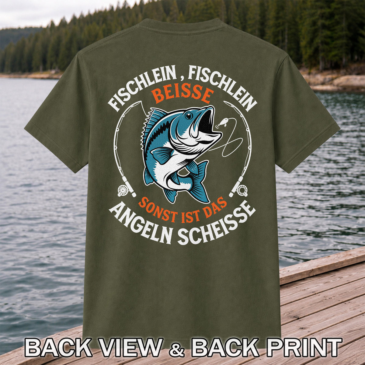 Fischlein Fischlein Beisse Funny Fishing Graphic T-Shirt | Back Print