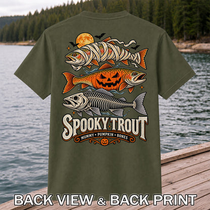 Spooky Trout Mummy Pumpkin Bones Halloween Fishing T-Shirt | Back Print