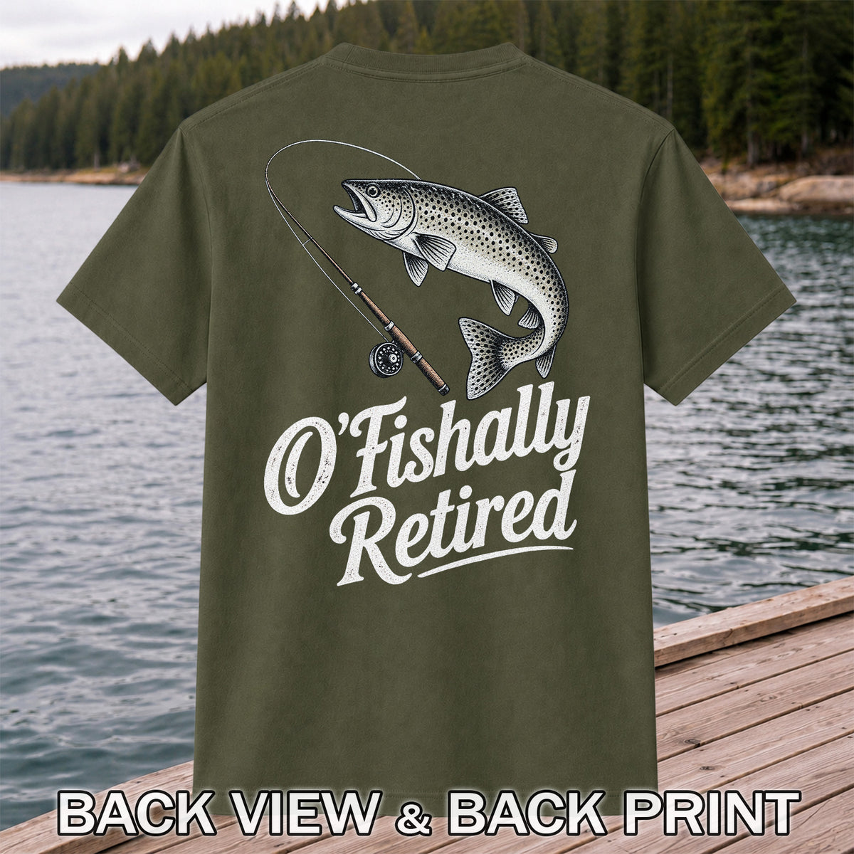 Retired Trout Fishing Rod Graphic T-Shirt | Back Print