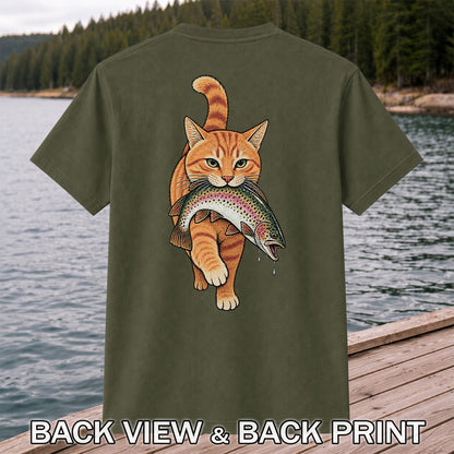 Cat Holding Trout Funny Fishing Graphic T-Shirt | Back Print