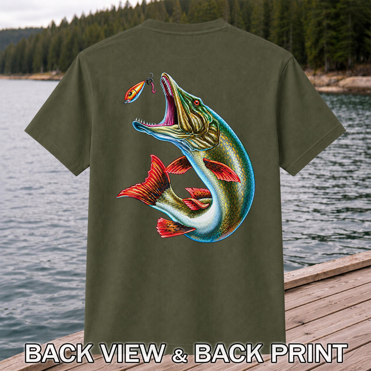 Northern Pike Chasing Fishing Lure Graphic T-Shirt | Back Print