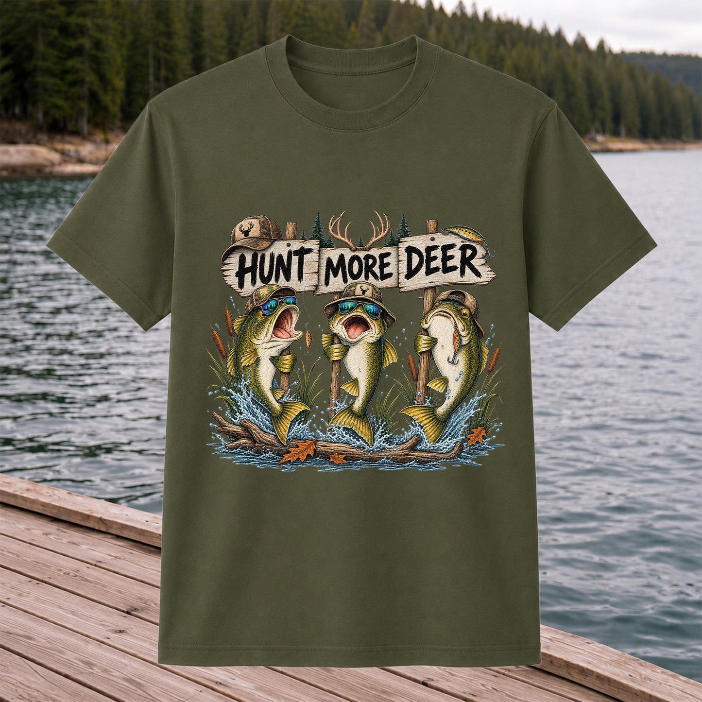 Hunt More Deer Funny Bass Fishing Graphic T-Shirt