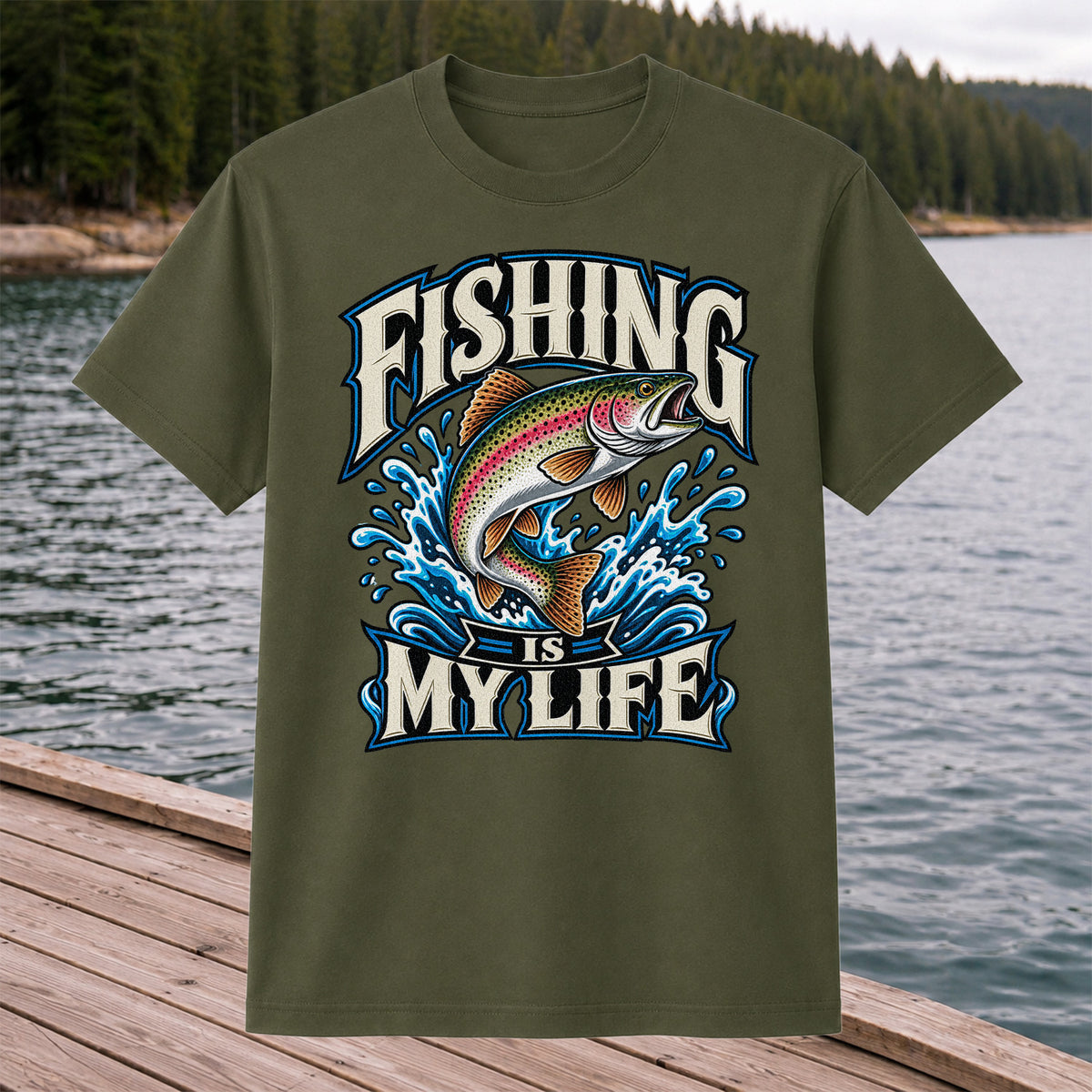 Fishing Is My Life Jumping Rainbow Trout Graphic T-Shirt