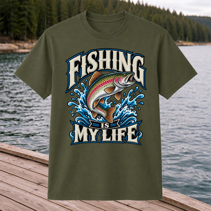 Fishing Is My Life Jumping Rainbow Trout Graphic T-Shirt