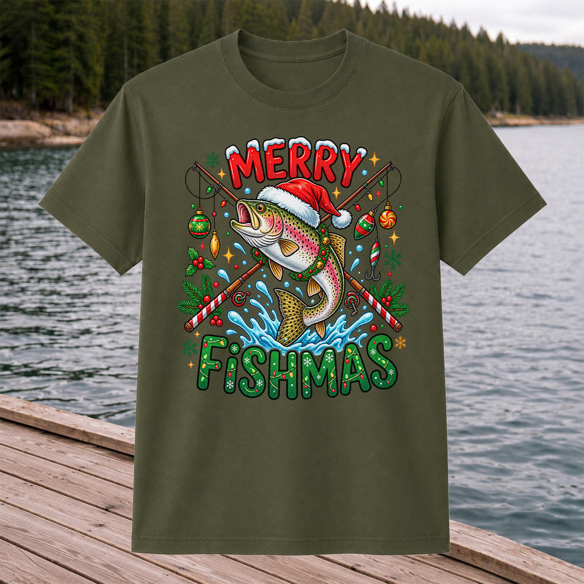 Merry Fishmas Santa Trout Christmas Fishing Graphic T-Shirt