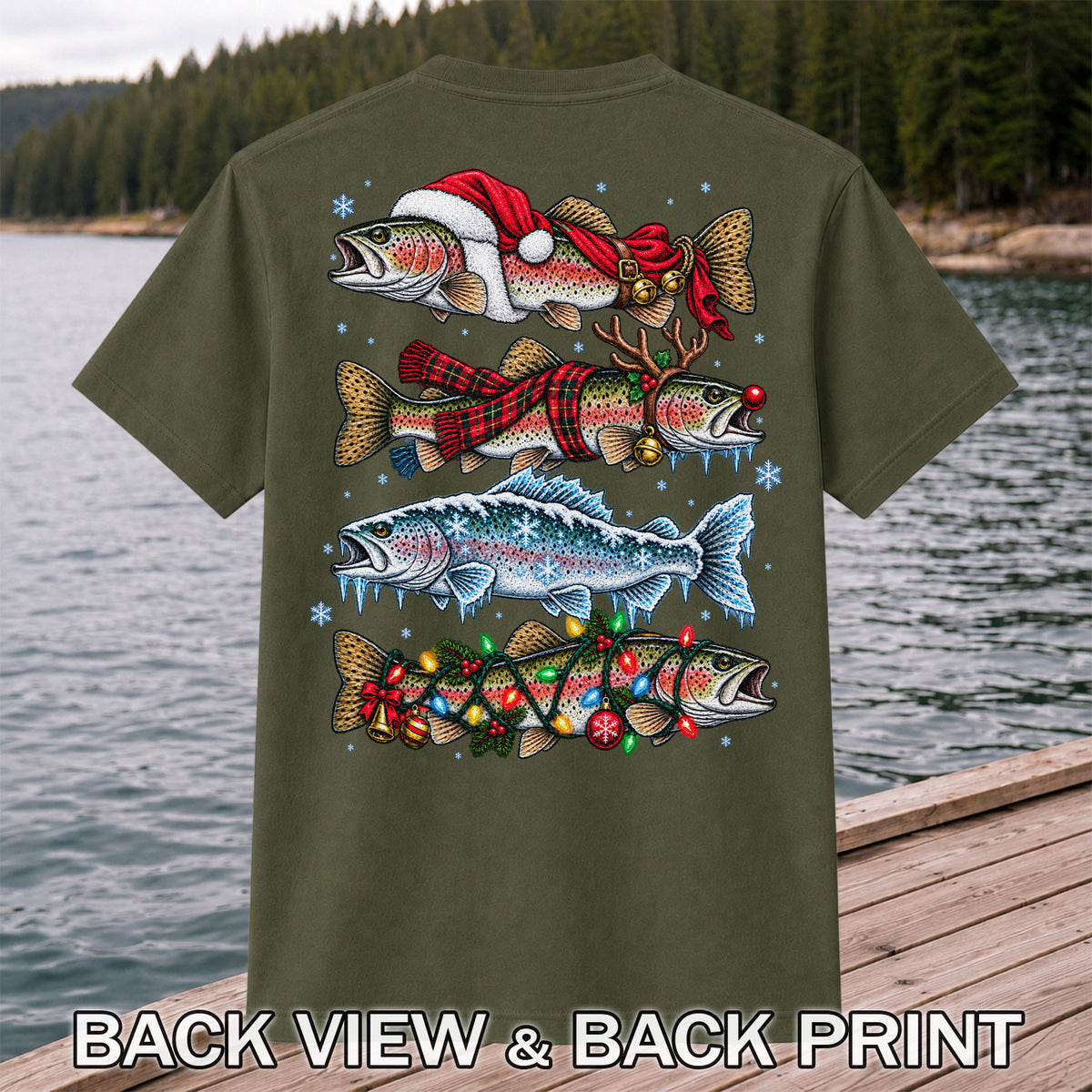 Christmas Rainbow Trout Holiday Fishing Graphic T-Shirt | Back Print