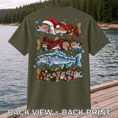 Christmas Rainbow Trout Holiday Fishing Graphic T-Shirt | Back Print
