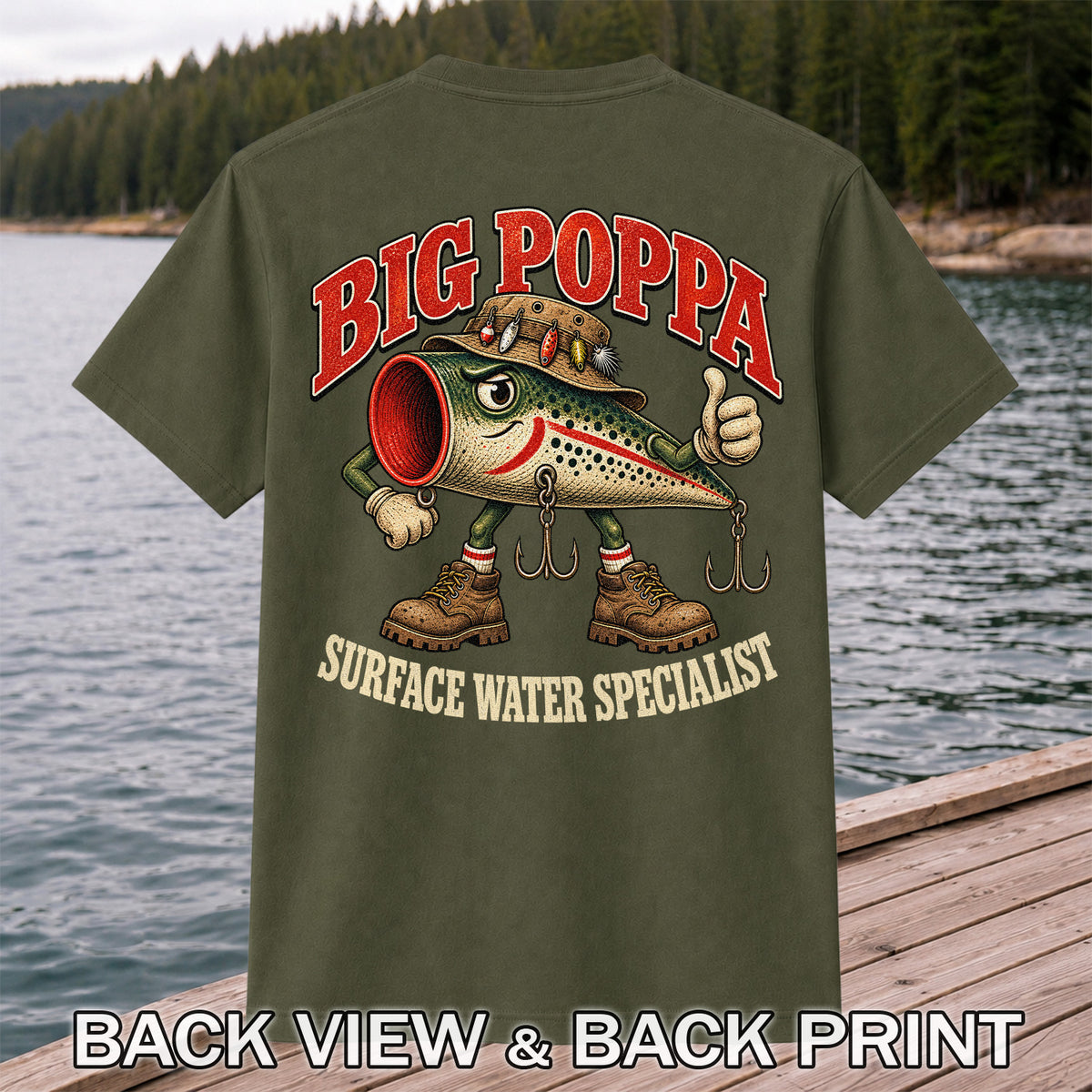 Big Poppa Surface Water Specialist Fishing Lure Graphic T-Shirt | Back Print