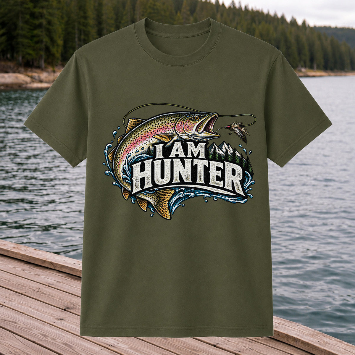 I Am Hunter Rainbow Trout Fly Fishing Mountain Graphic T-Shirt