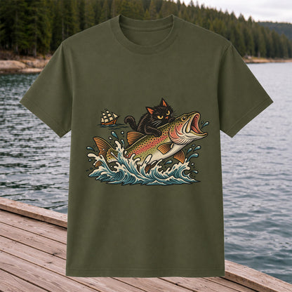 Black Cat Riding a Trout Ocean Wave Fishing Graphic T-Shirt