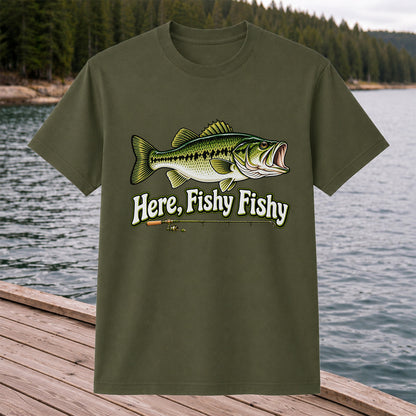 Here Fishy Fishy Funny Largemouth Bass Fishing Graphic T-Shirt