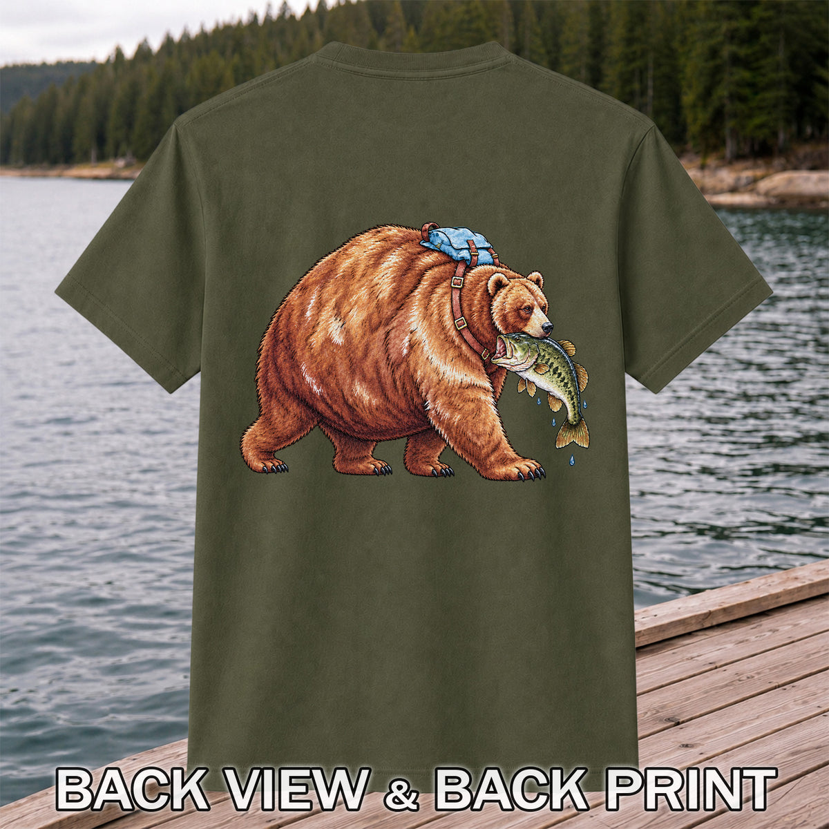 Bear Carrying Bass Fishing Wildlife Graphic T-Shirt | Back Print
