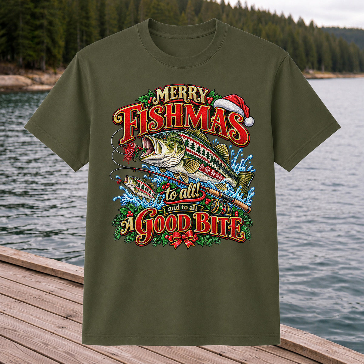 Merry Fishmas Christmas Sweater Pattern Bass Fishing T-Shirt