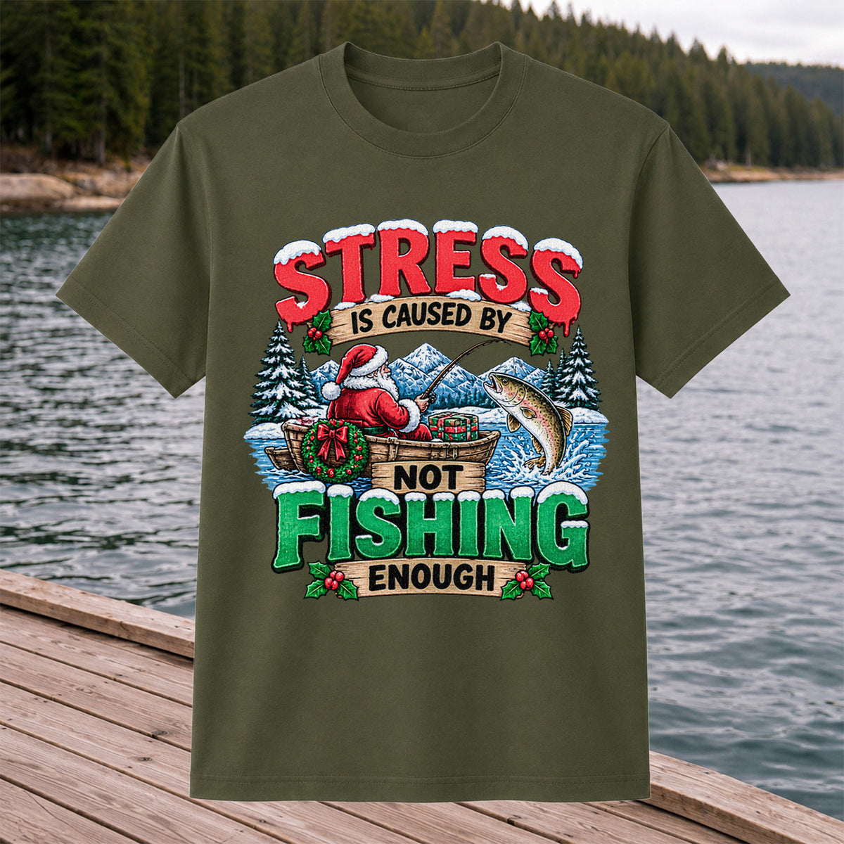 Stress Is Caused by Not Fishing Enough Santa Christmas Trout T-Shirt