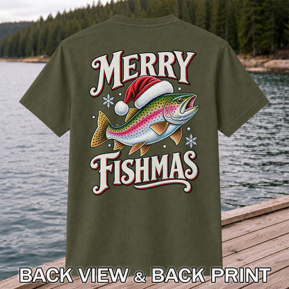 Merry Fishmas Rainbow Trout in a Santa Hat Christmas Fishing T-Shirt | Back Print
