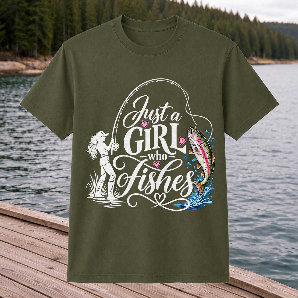 Just a Girl Who Fishes Rainbow Trout and Female Angler Fishing T-Shirt