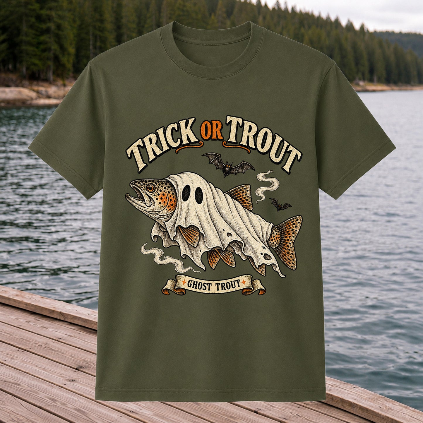 Trick or Trout Ghost Trout Halloween Fishing T-Shirt