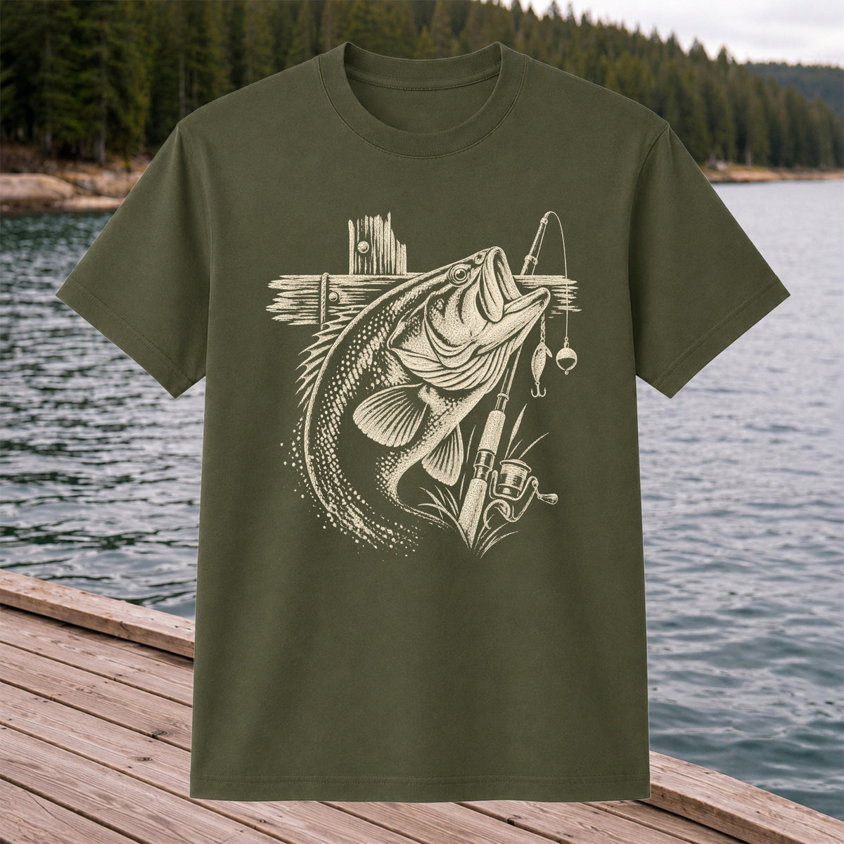 Largemouth Bass Fishing Rod Vintage Graphic T-Shirt